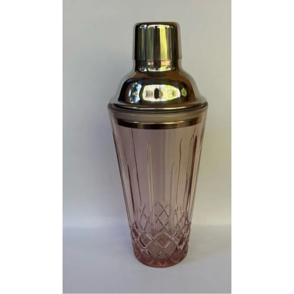 Vintage Pottery Barn Pink Cut-Glass Cocktail Shaker with Silver Lid